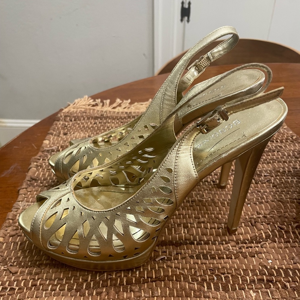 gold BCBG heels